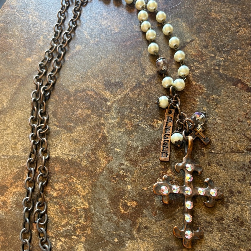 Elegant Pearl and Silver Cross Necklace